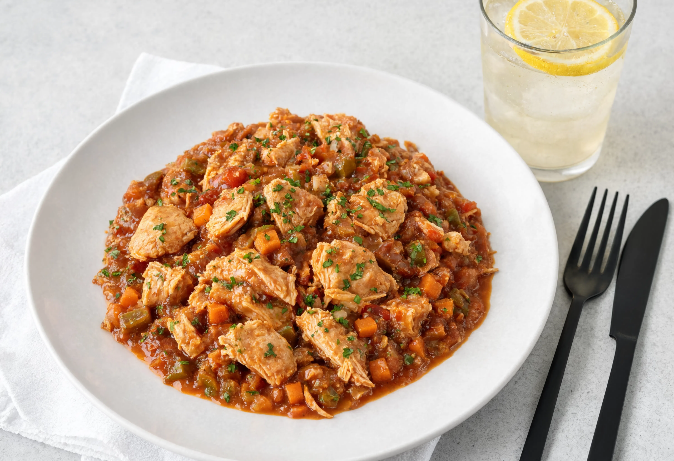 Ragú de pollo guisado con verduras y tomillo