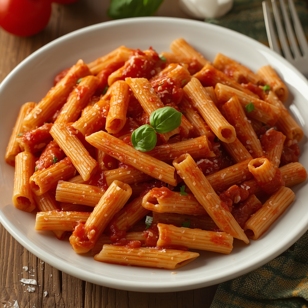 Macarrones con salsa de tomate, albahaca y mozzarella