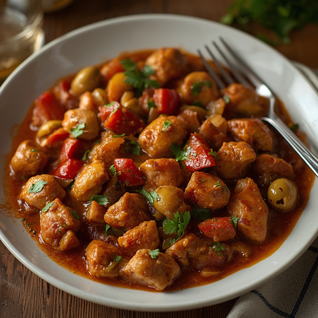 Ragú de pollo con verduras y vino blanco