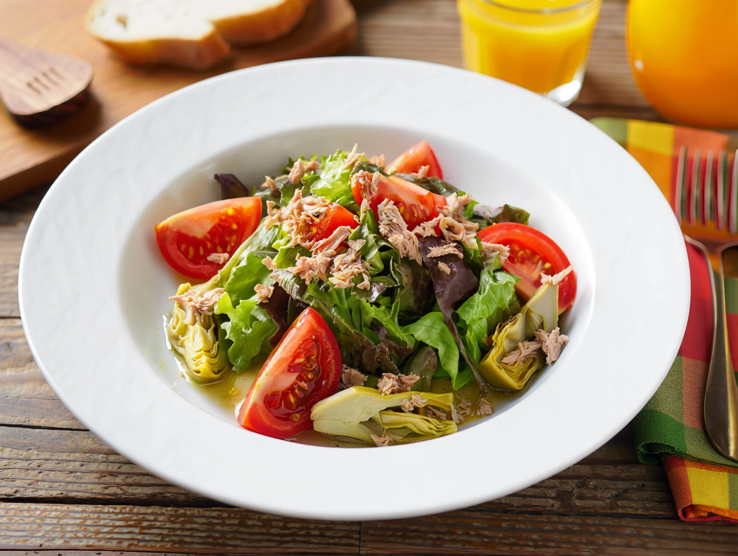Ensalada mezclum con atún y alcachofas