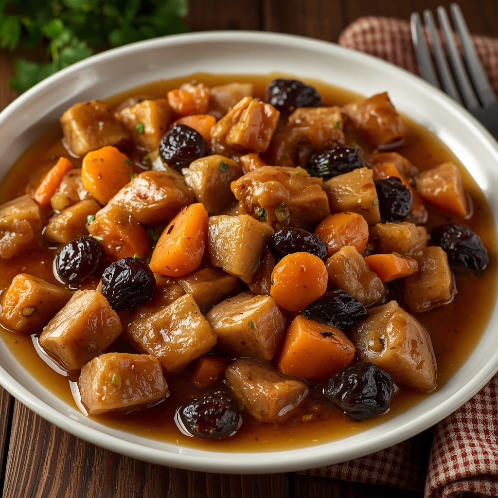 Pavo guisado con moscatel y uvas pasas