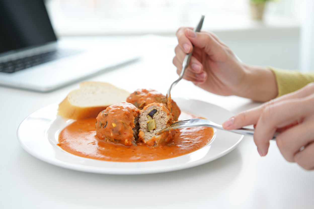 Albóndigas de pollo y berenjena en salsa mixta