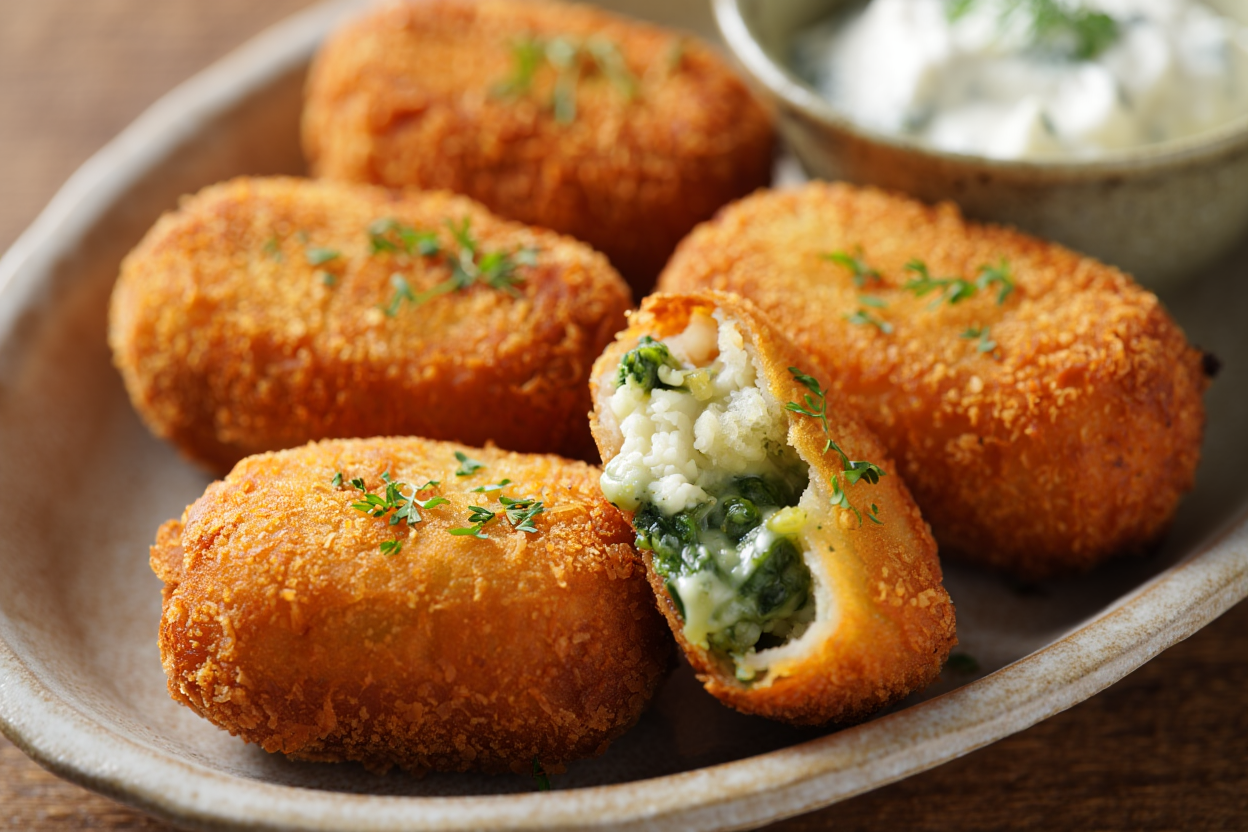 Croquetas de espinacas con queso azul en Primer plato del menú para colectividades