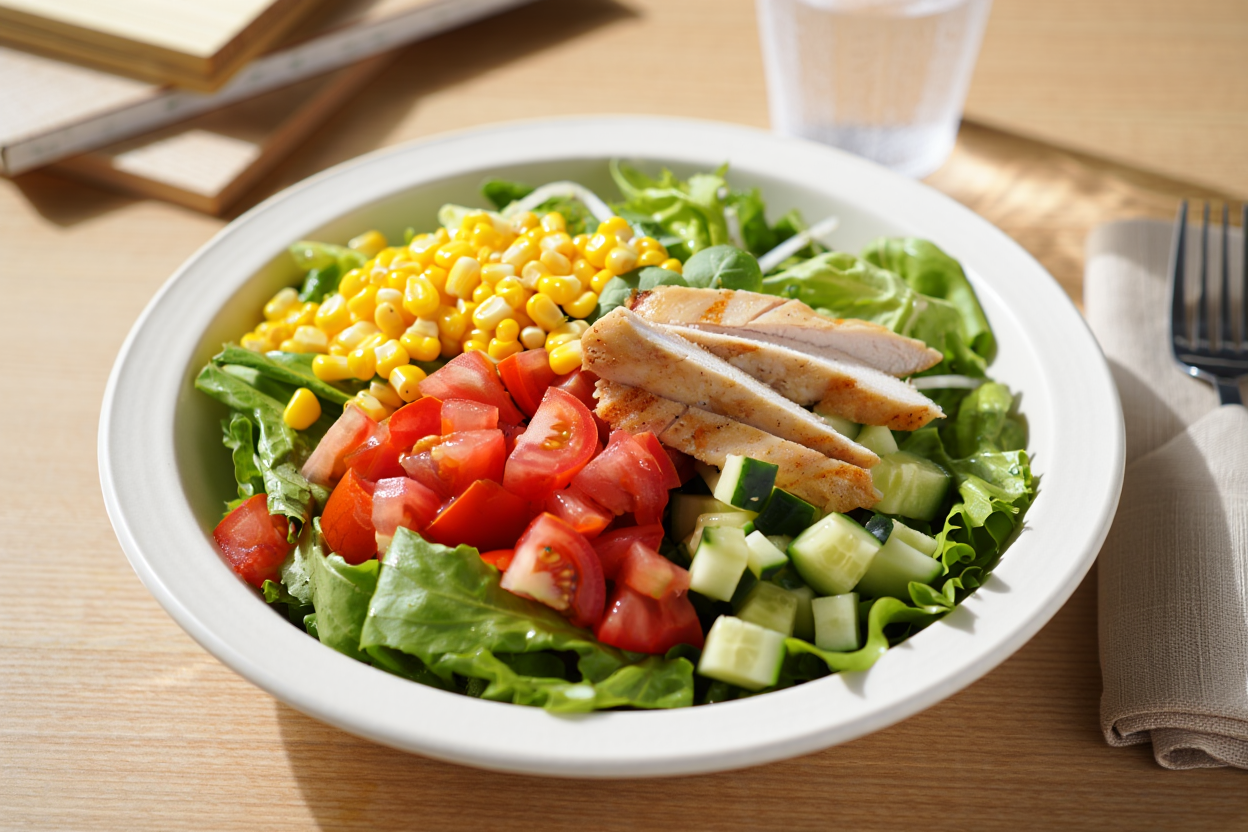 Ensalada iceberg con pollo kebab y maíz