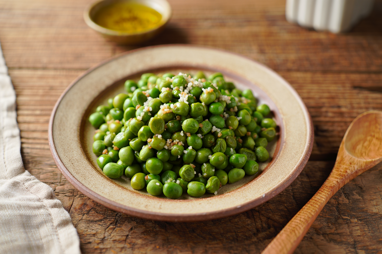 Guisantes veganos aliñados con ajo, aceite y sal