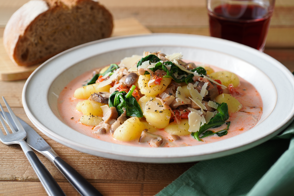 Ñoquis con salsa de espinacas y champiñones