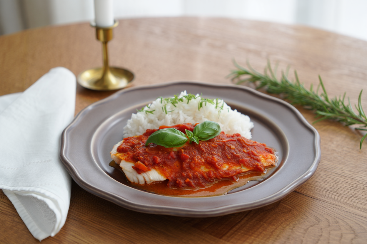 Rape con salsa de tomate y albahaca