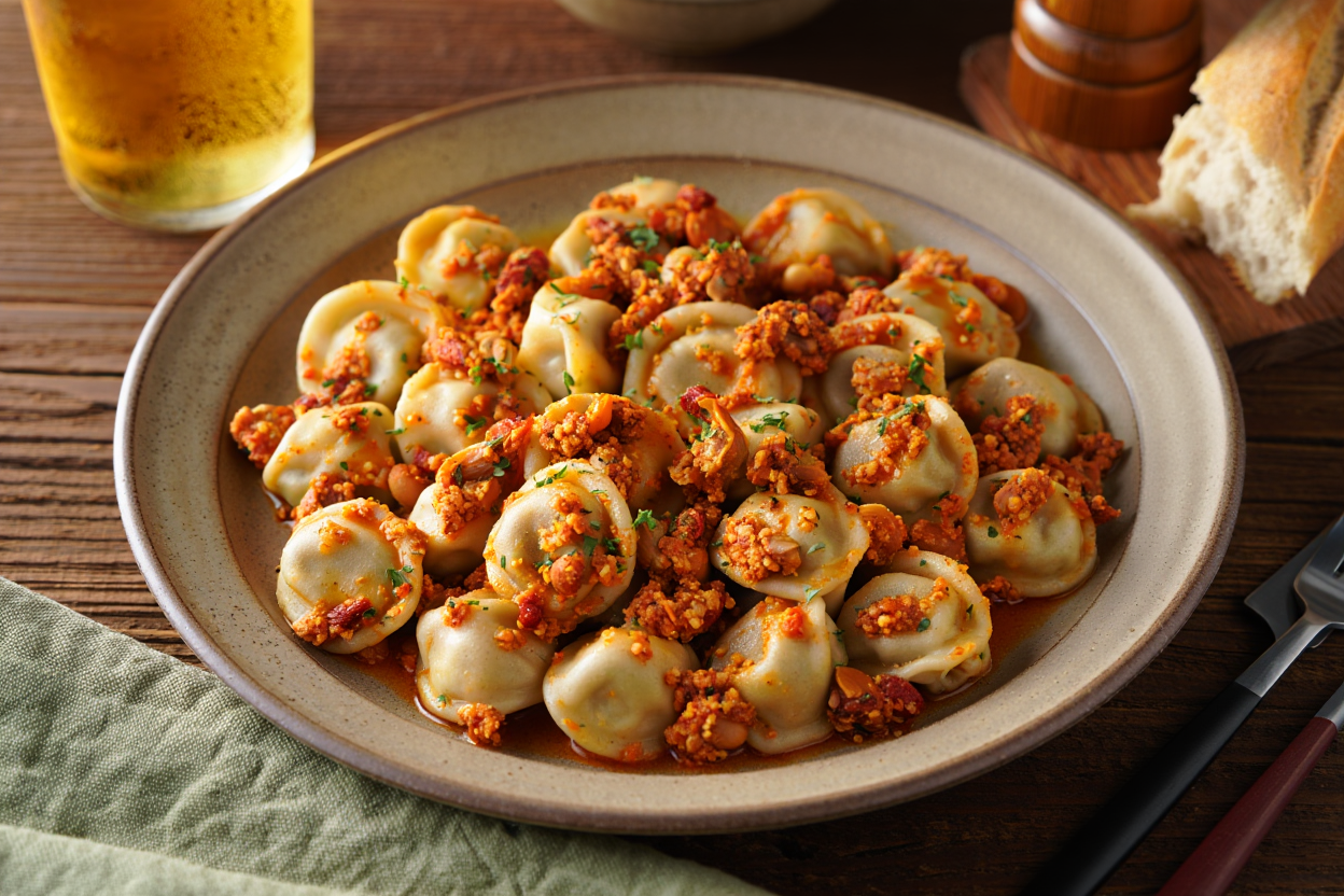 Tortellini de carne con pesto rosso