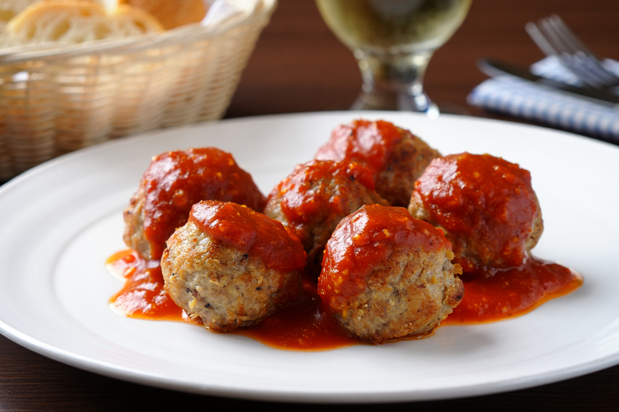 Albóndigas suecas con salsa de tomate al brandy y dátiles