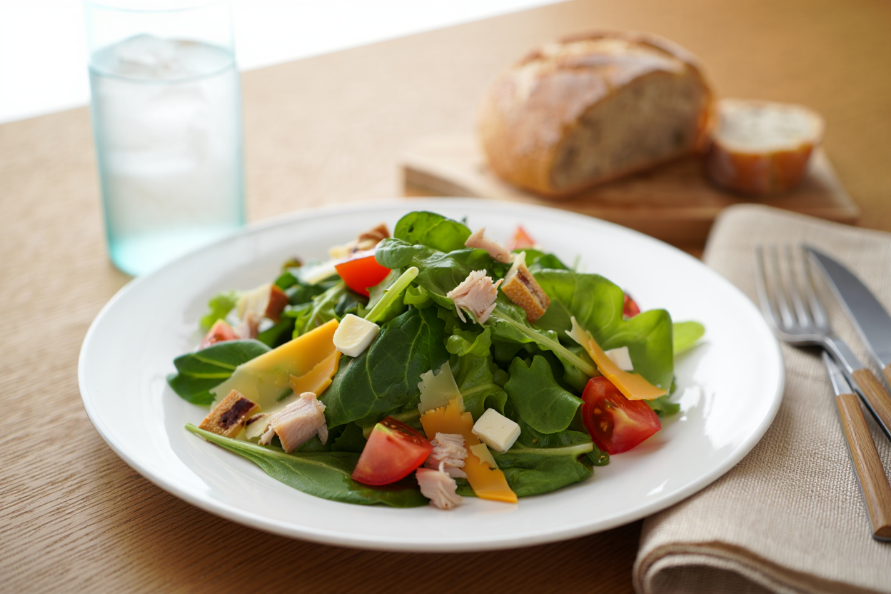 Ensalada verde con pavo y 3 quesos