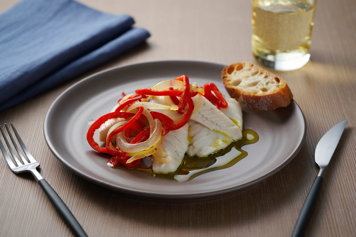 Merluza al vapor con pimientos del piquillo y cebolla en Segundo plato del menú para colectividades