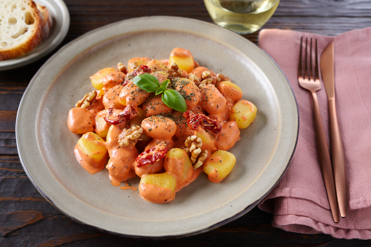 Ñoquis de patata con nata, nueces y tomate seco