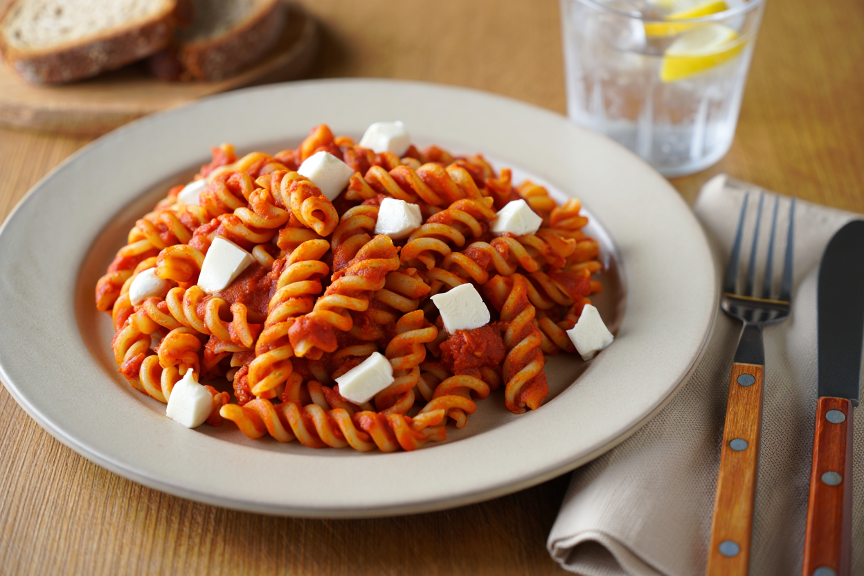 Pasta espiral con tomate y mozzarella