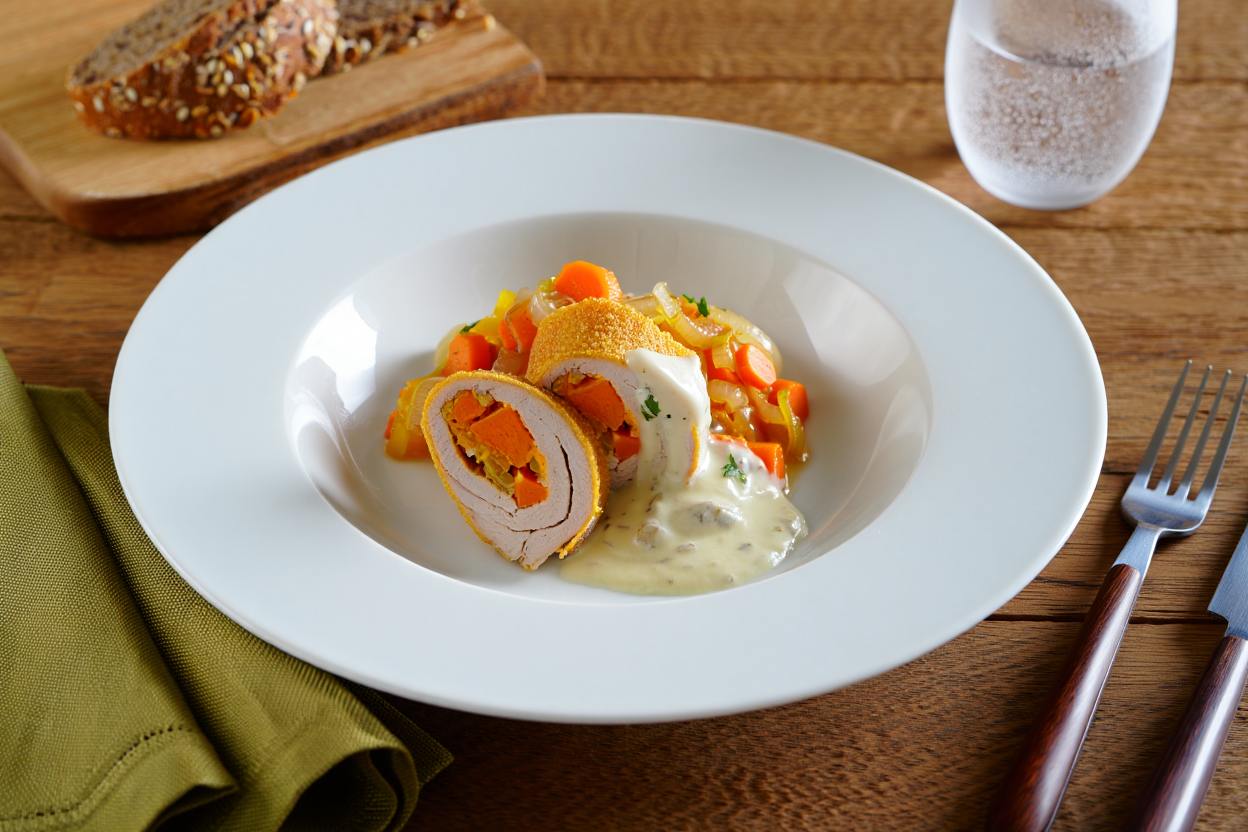 Rollitos de pollo al horno rellenos de zanahoria estofada con salsa de setas