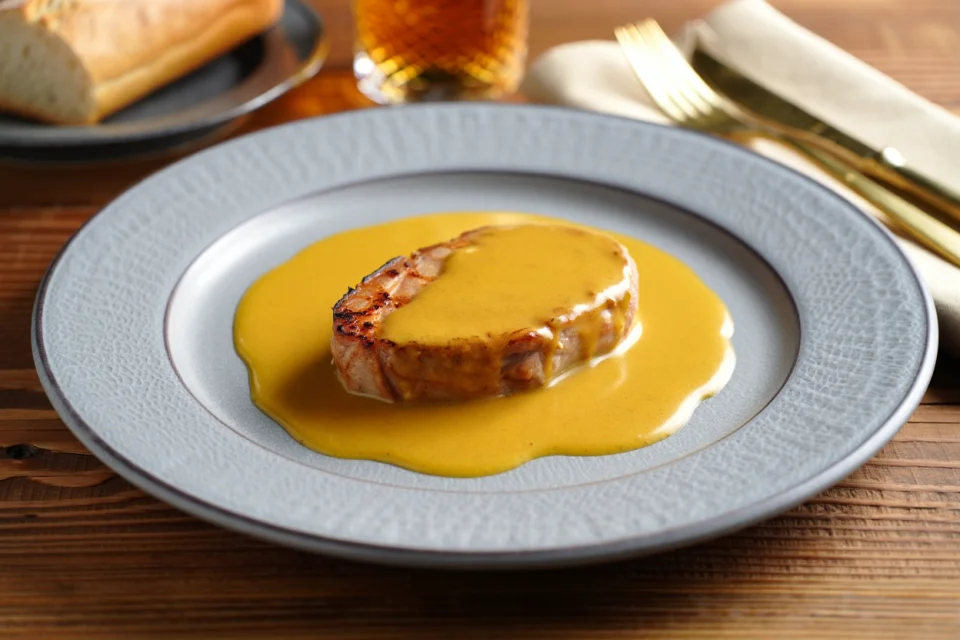 Secreto con salsa de mostaza a la antigua