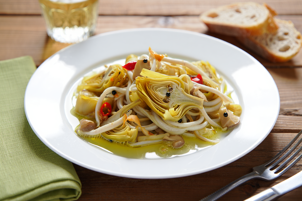 Alcachofas con gulas y champiñones