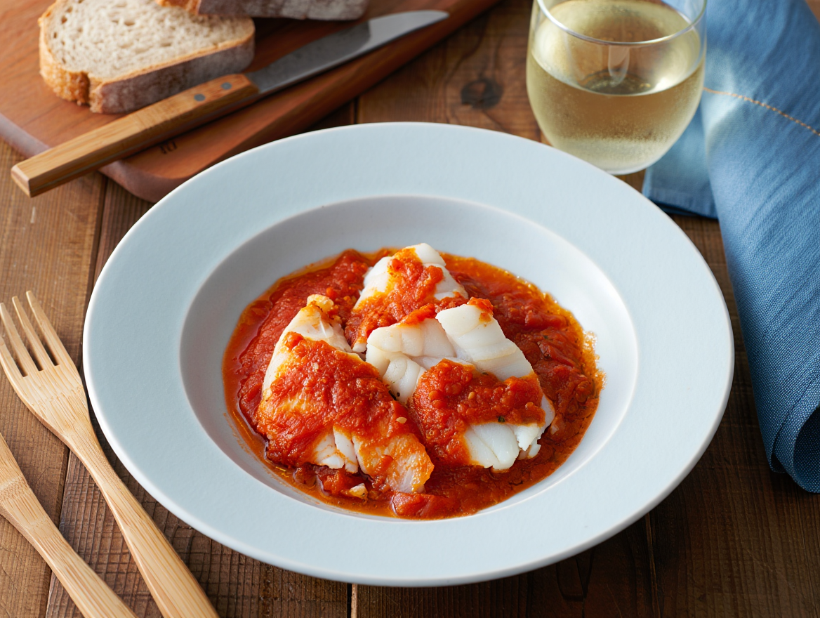Bacalao con tomate y albahaca en Segundo plato del menú para colectividades