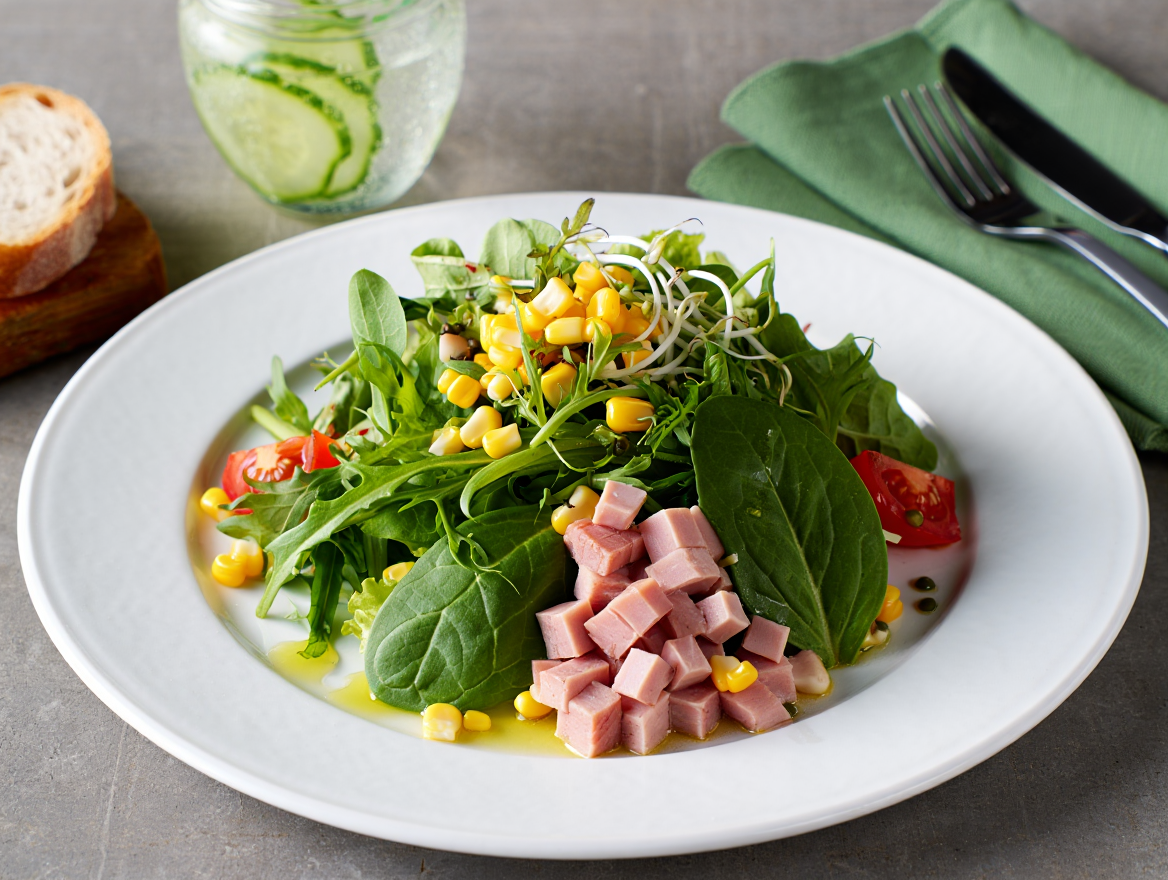 Ensalada verde con jamón york y brotes de soja