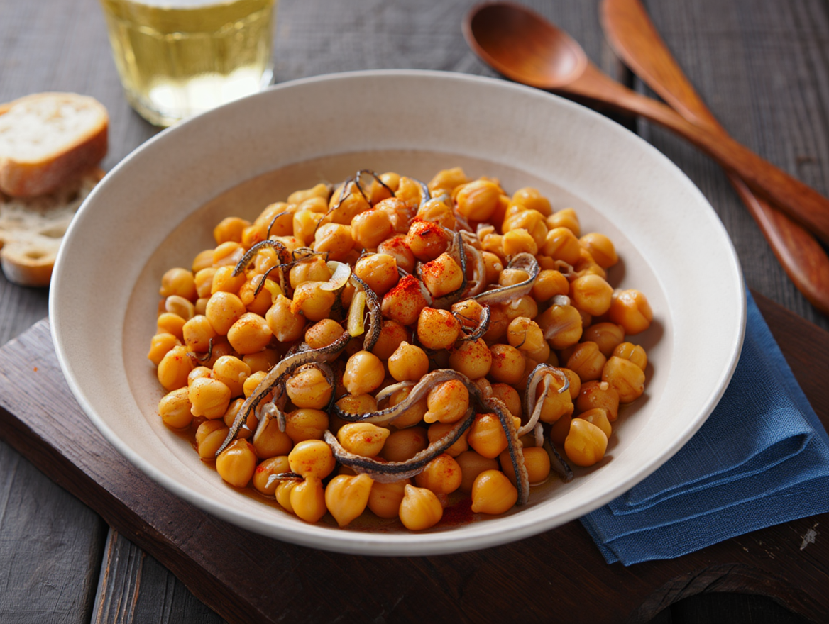 Garbanzos con gulas al ajillo y pimentón