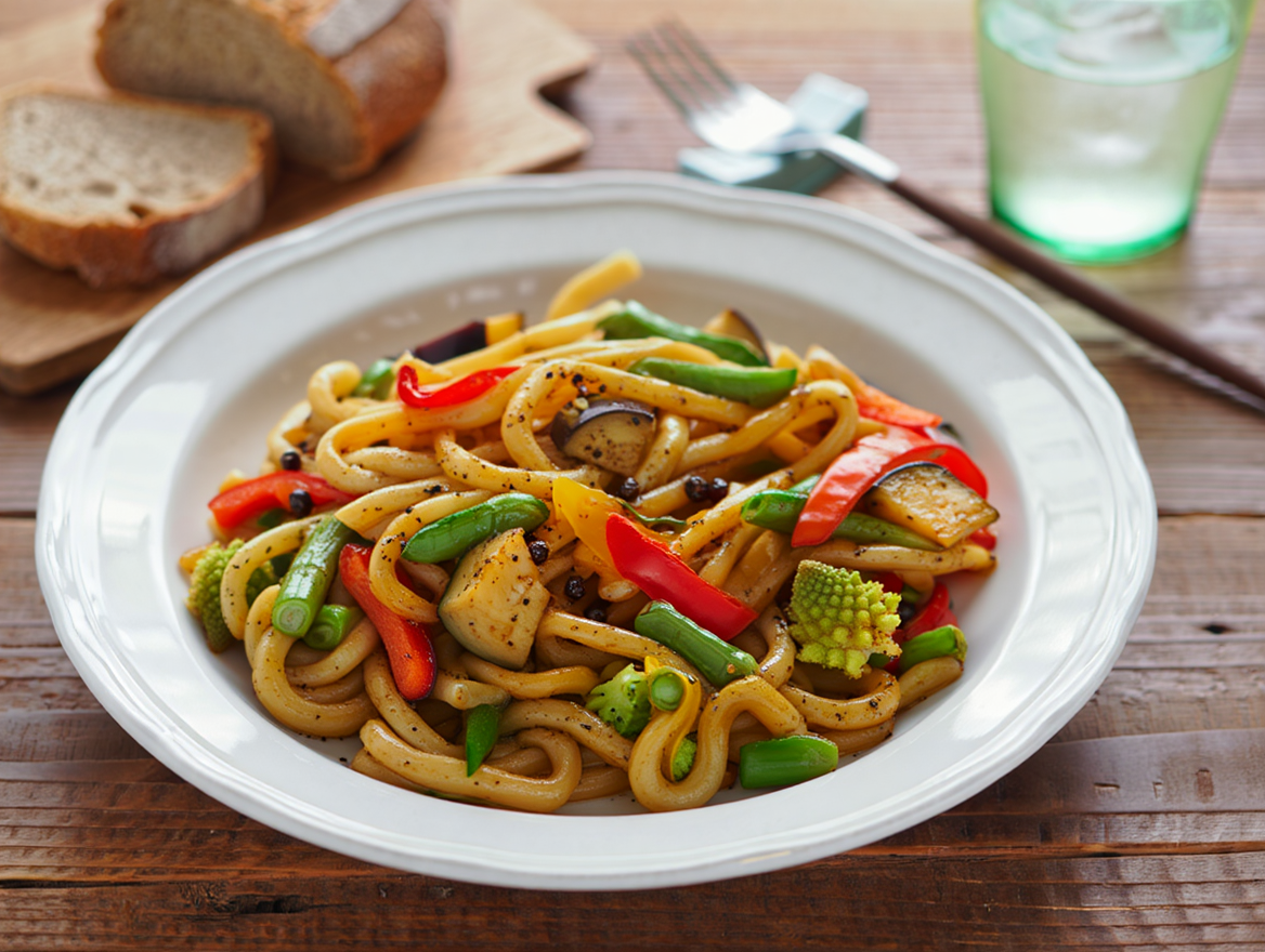 Pasta udon con verduras y pimienta Sichuan