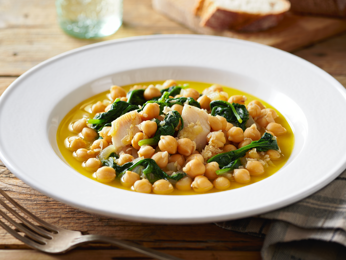 Potaje de garbanzos con bacalao y espinacas en Primer plato del menú para colectividades