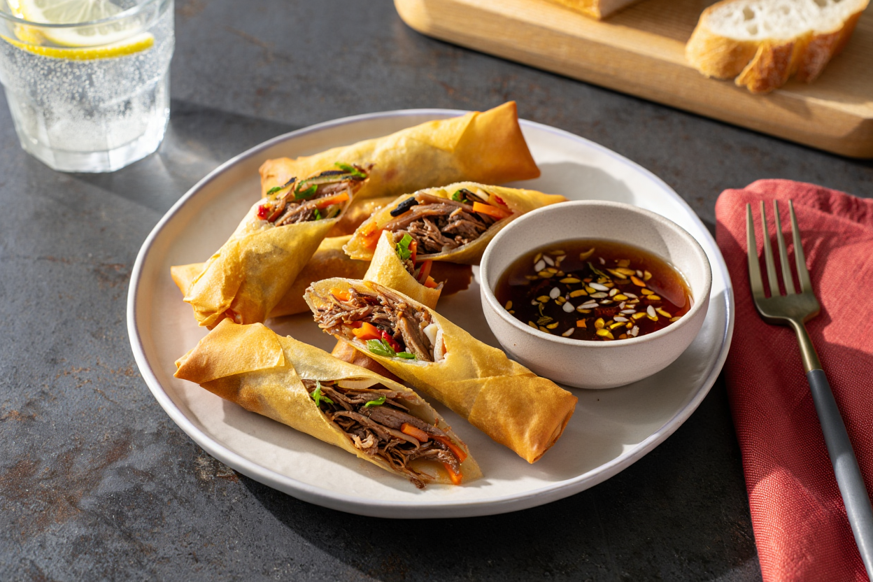 Rollitos orientales con carne mechada