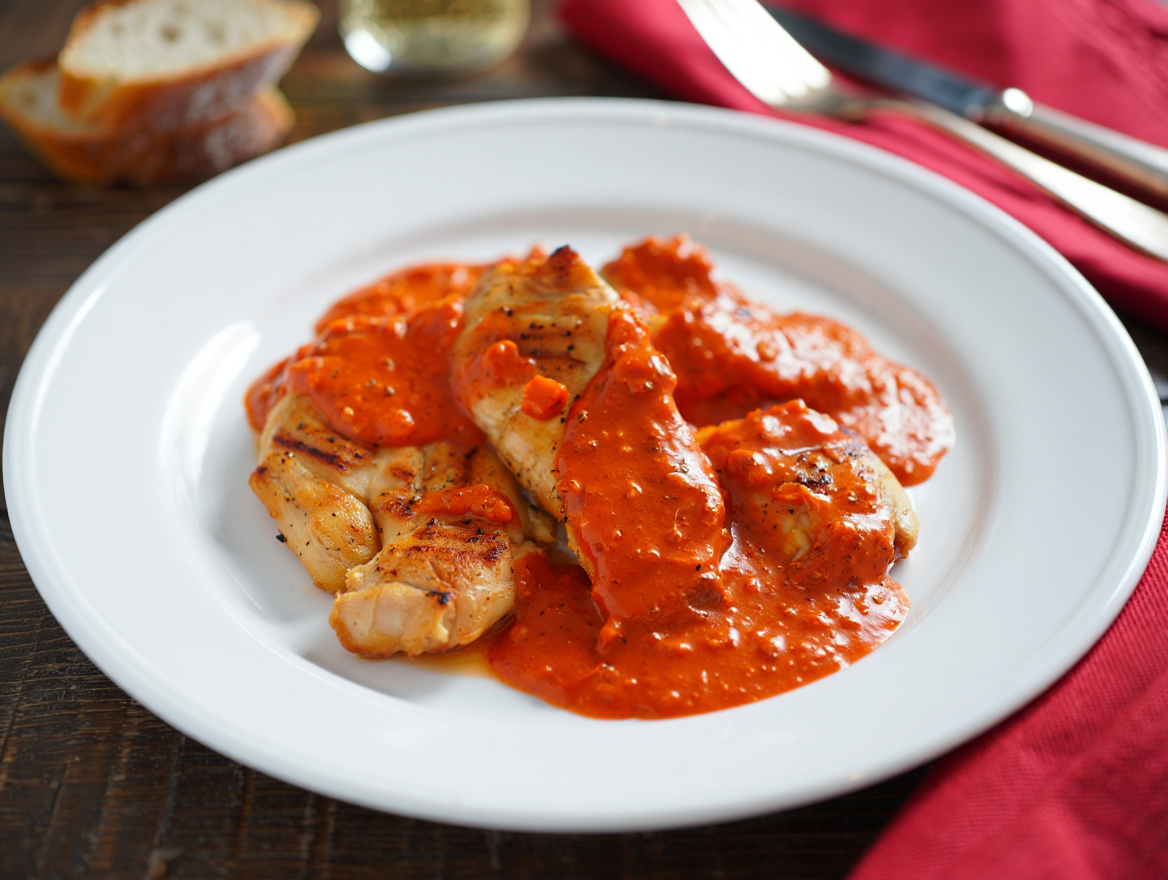 Solomillos de pollo con salsa de pimientos del piquillo