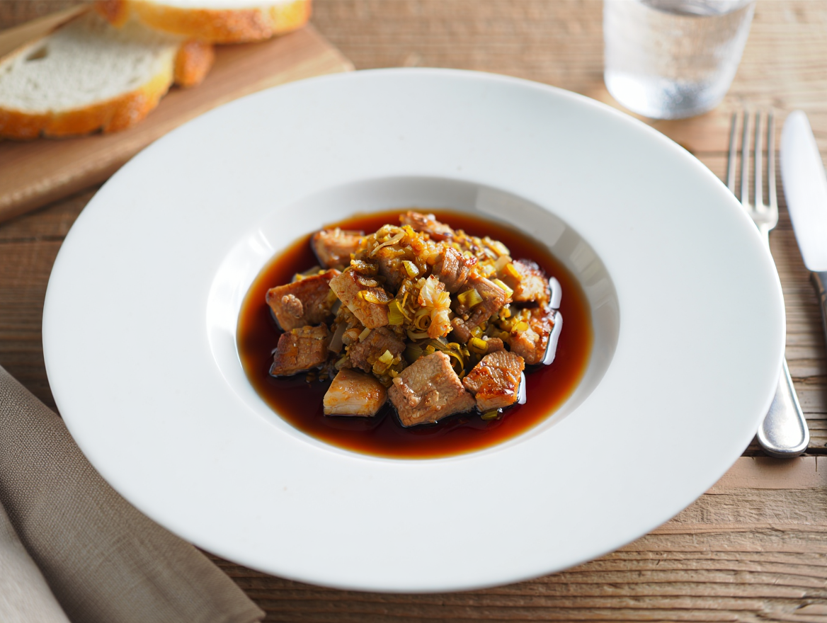 Tiras de cerdo salteados con soja y puerros