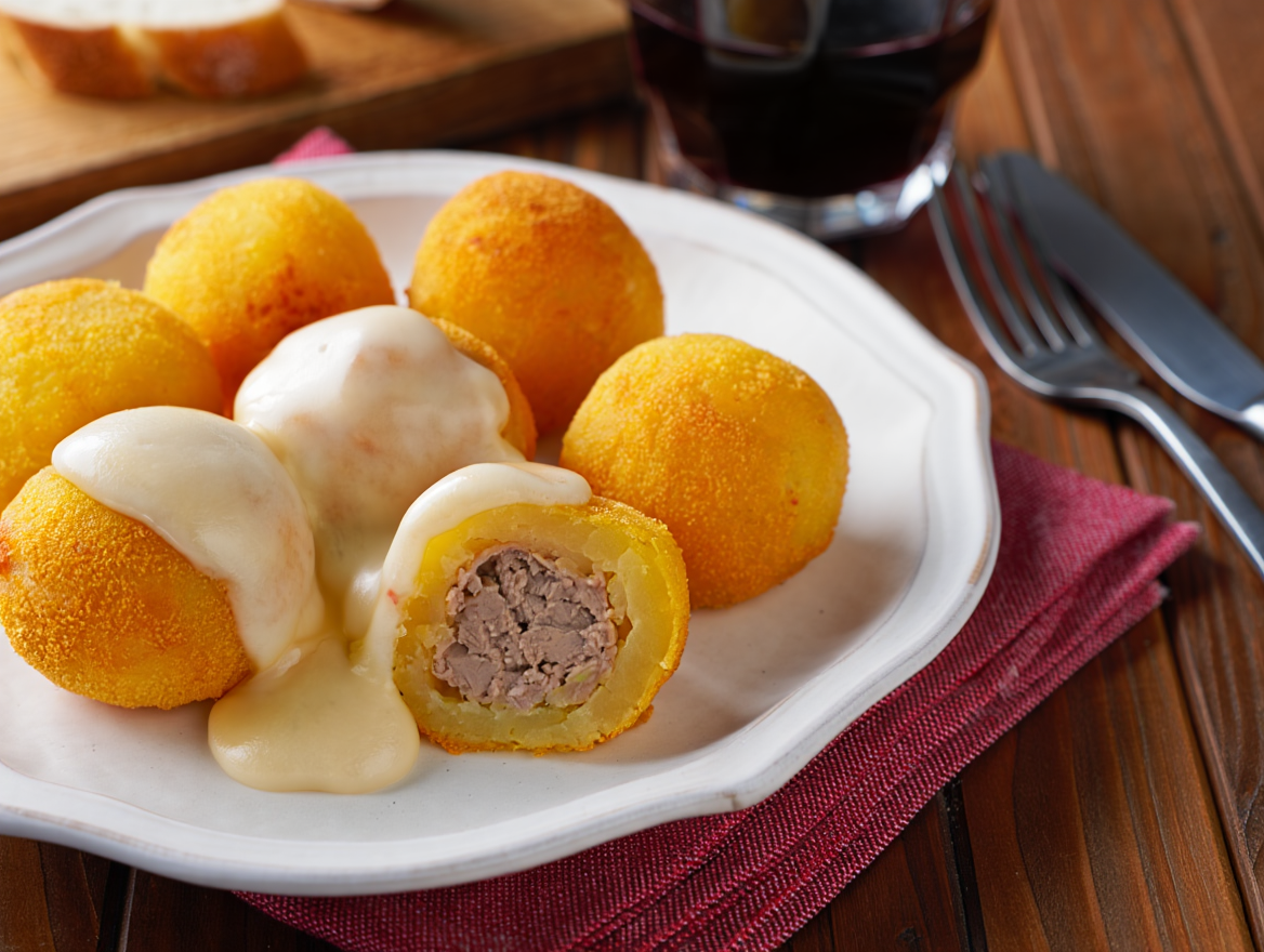 Bolitas de patata rellenas de carne con salsa de queso