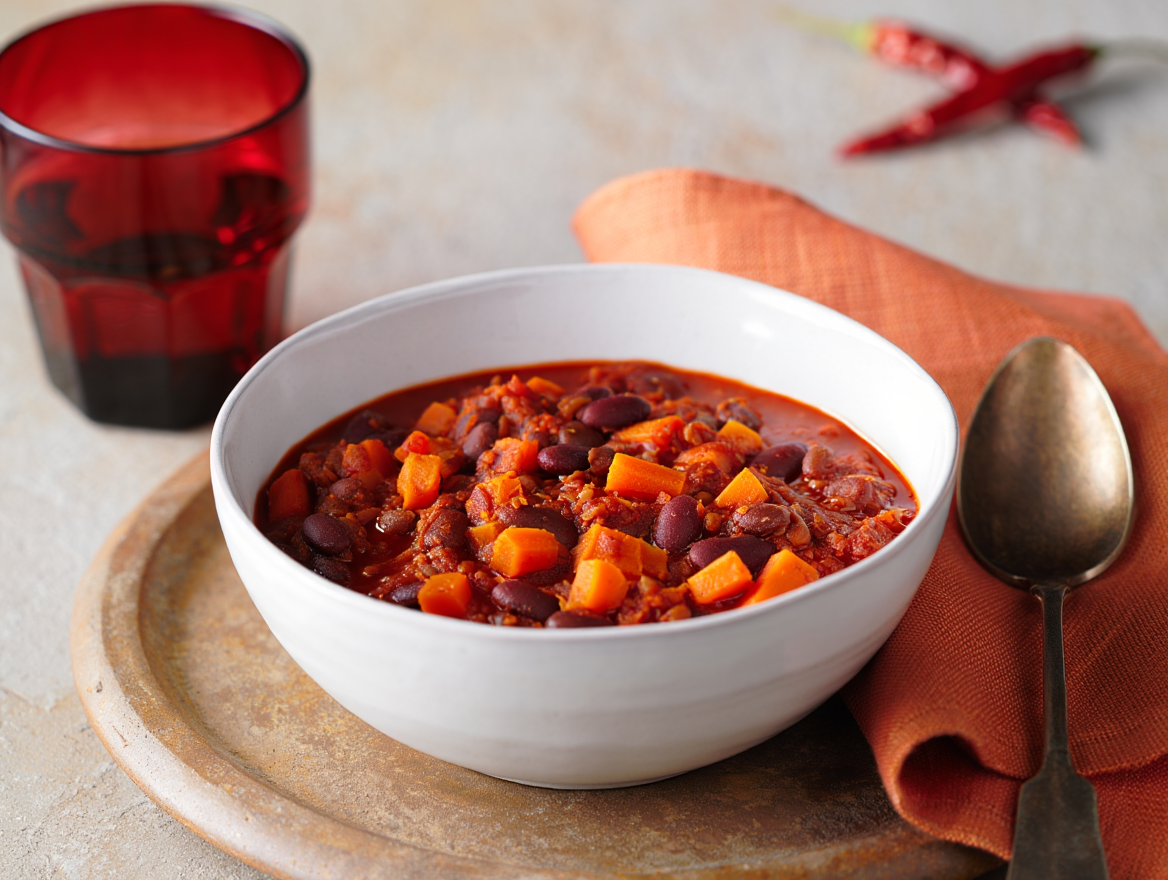 Chili vegano de alubias pintas y soja texturizada