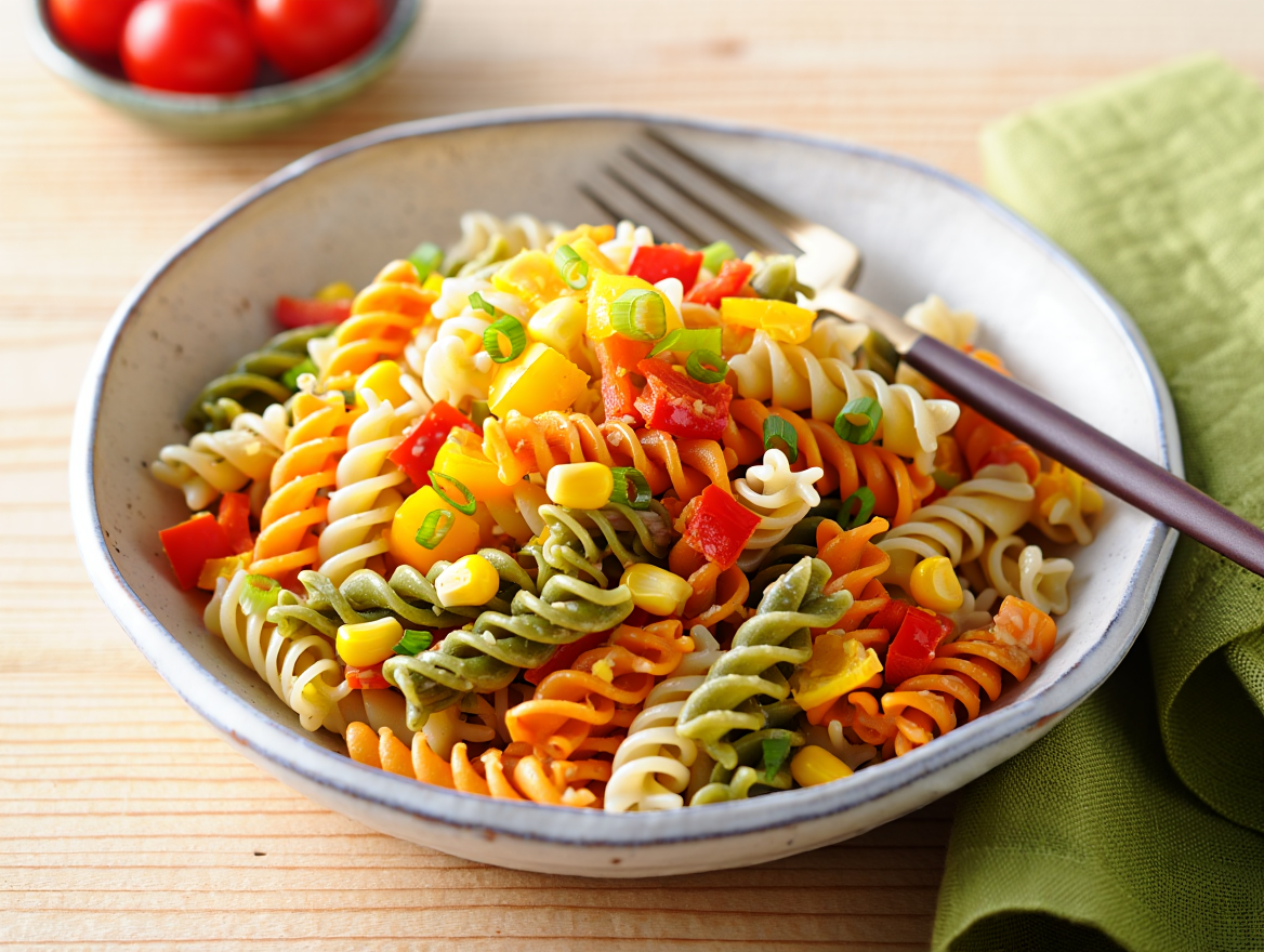 Ensalada de pasta tricolor y verduras frescas
