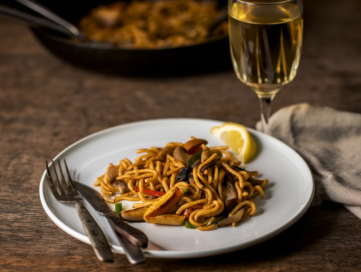 Fideuá de champiñones y verduras