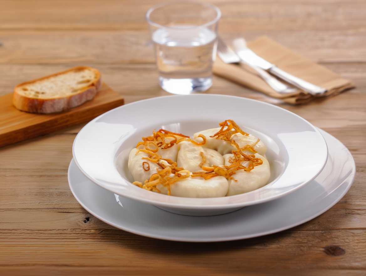 Raviolis rellenos de patata y setas con cebolla frita