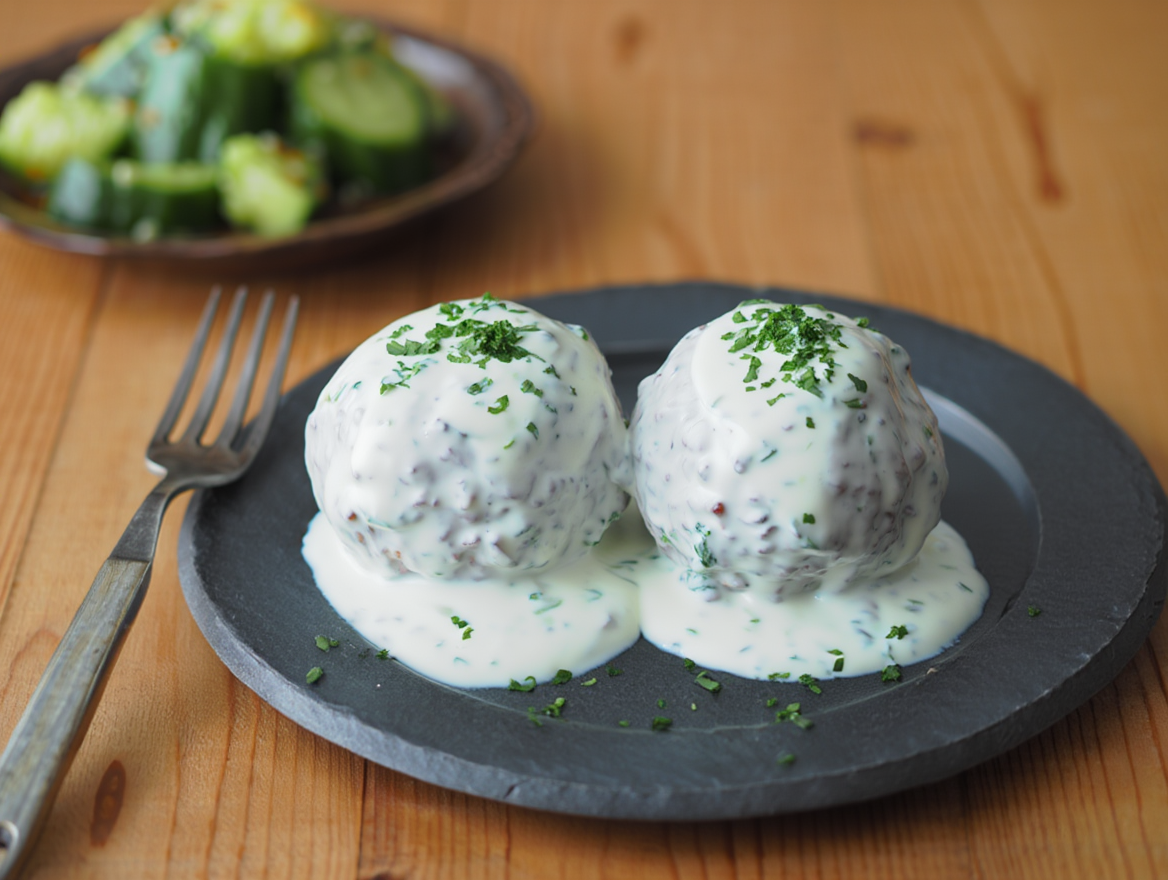 Albóndigas de carne y arroz con salsa de yogur