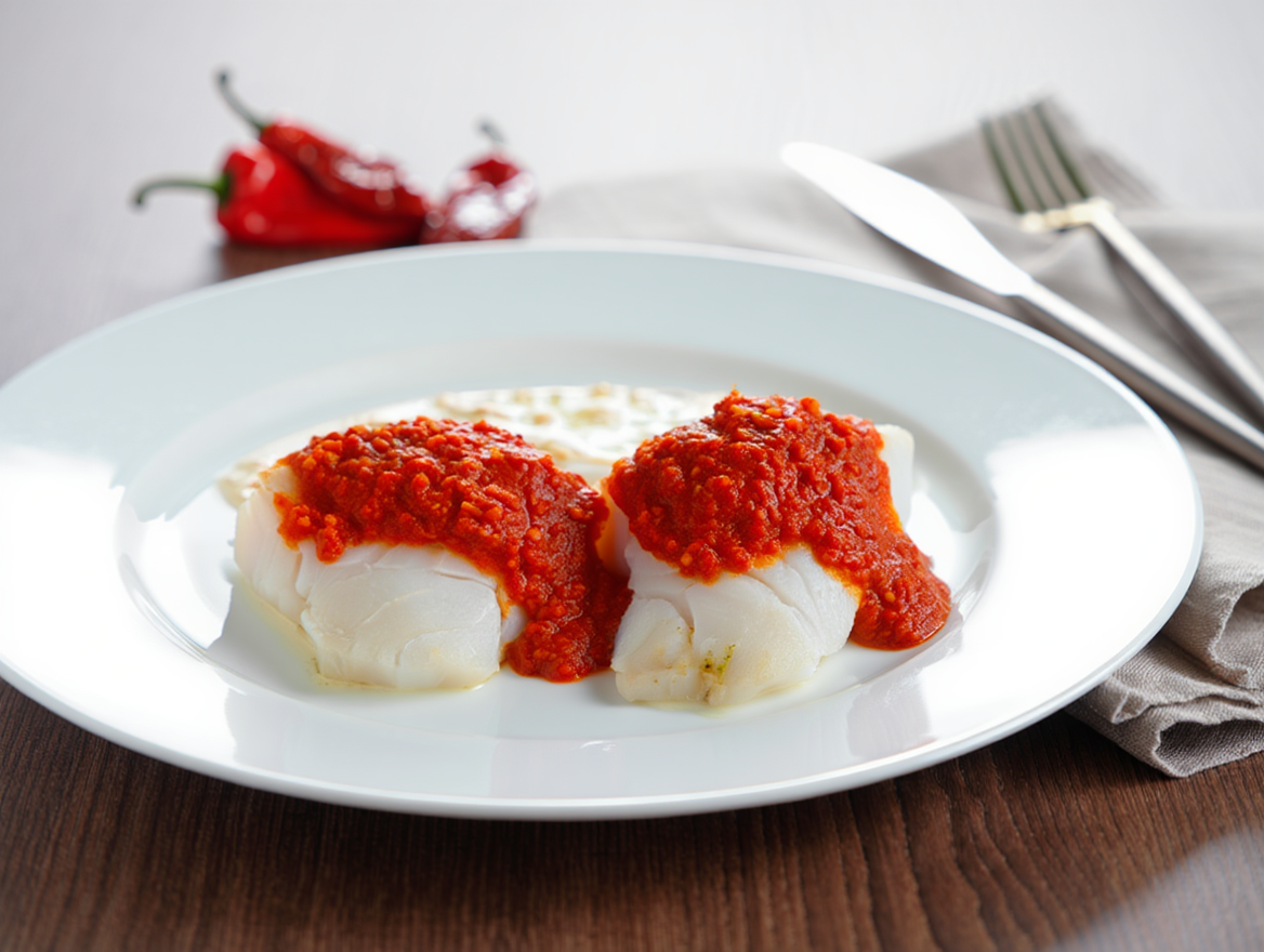 Bacalao al vapor con salsa de pimientos y tomate en Segundo plato del menú para colectividades