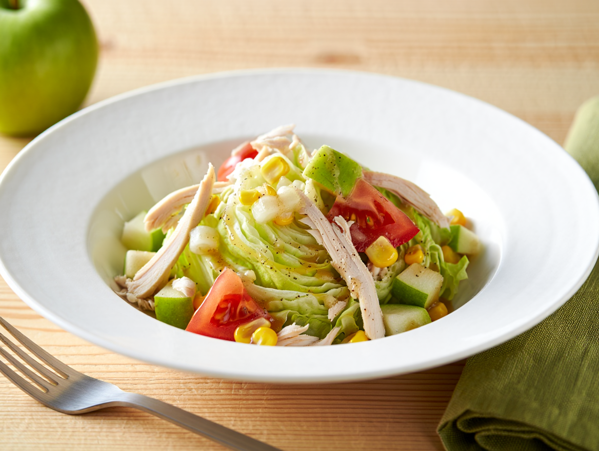 Ensalada iceberg con pollo asado y manzana
