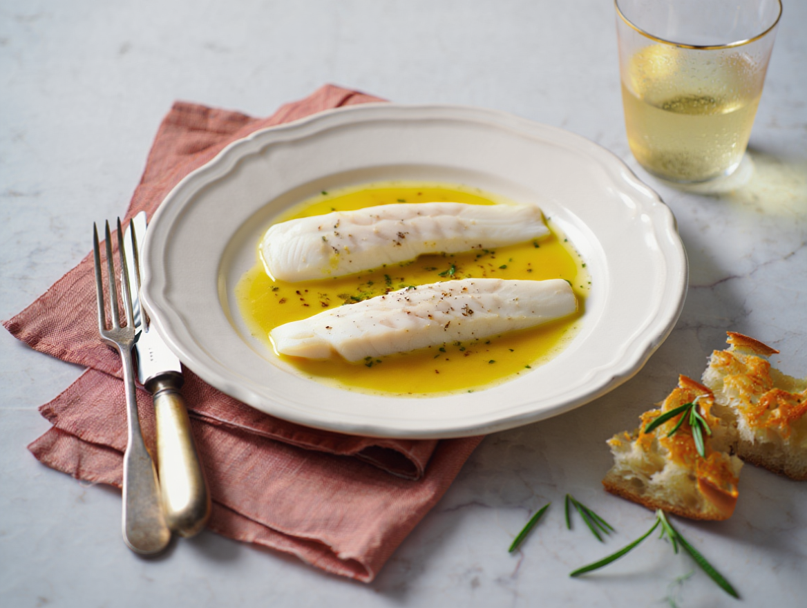 Merluza con salsa de marisco en Segundo plato del menú para colectividades