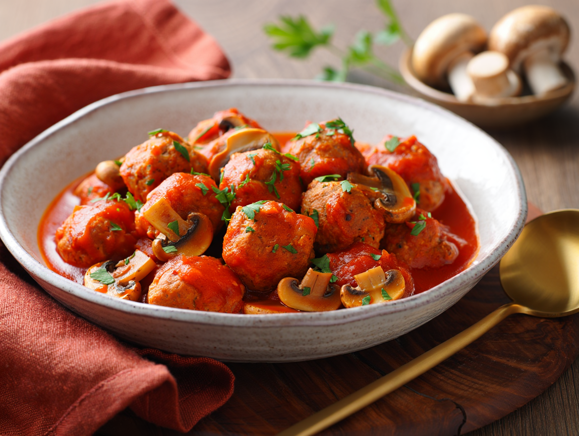 Mini albóndigas de cerdo con salsa de tomate y setas shitake