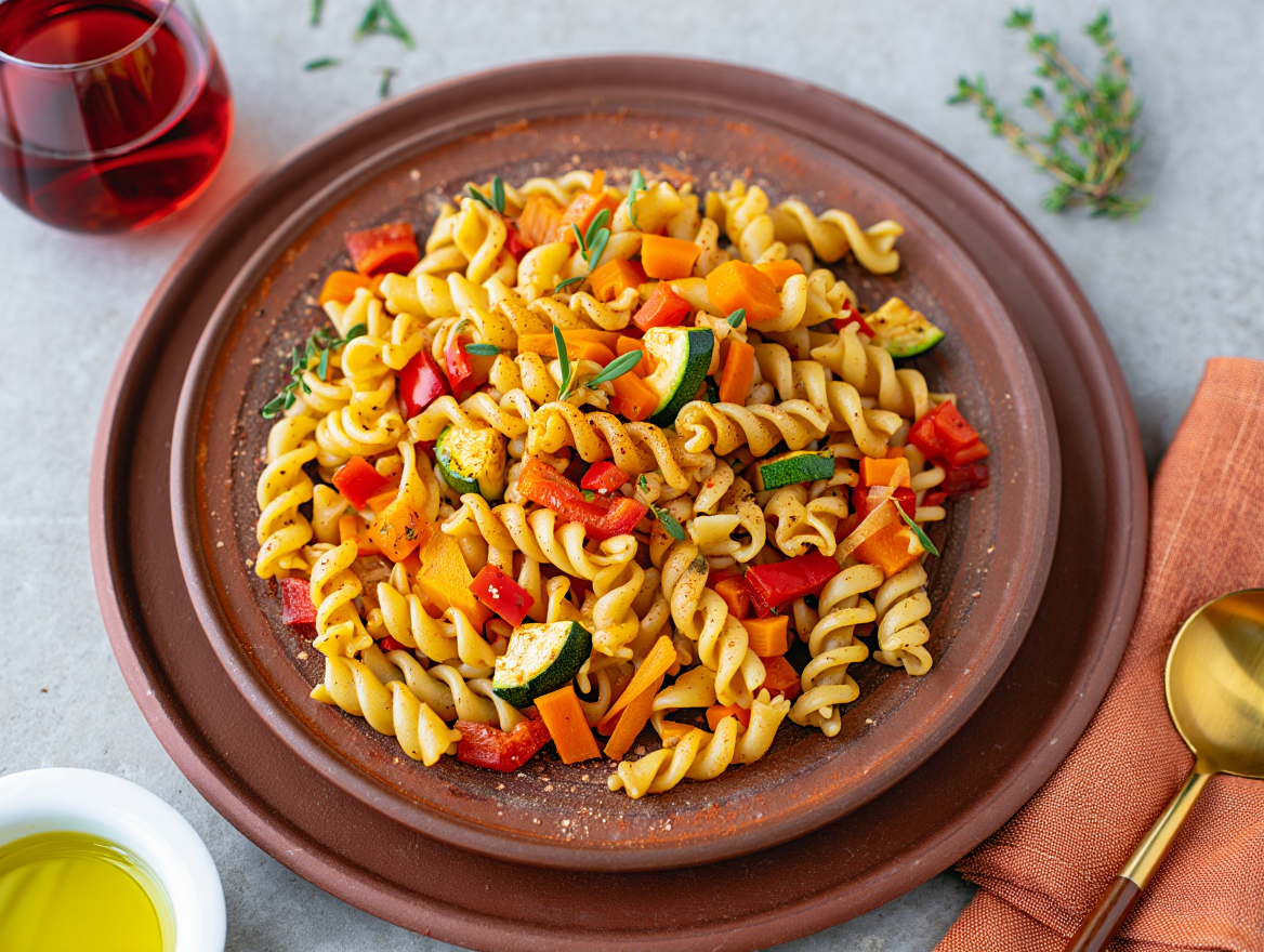 Pasta espiral con verduras a la parrilla