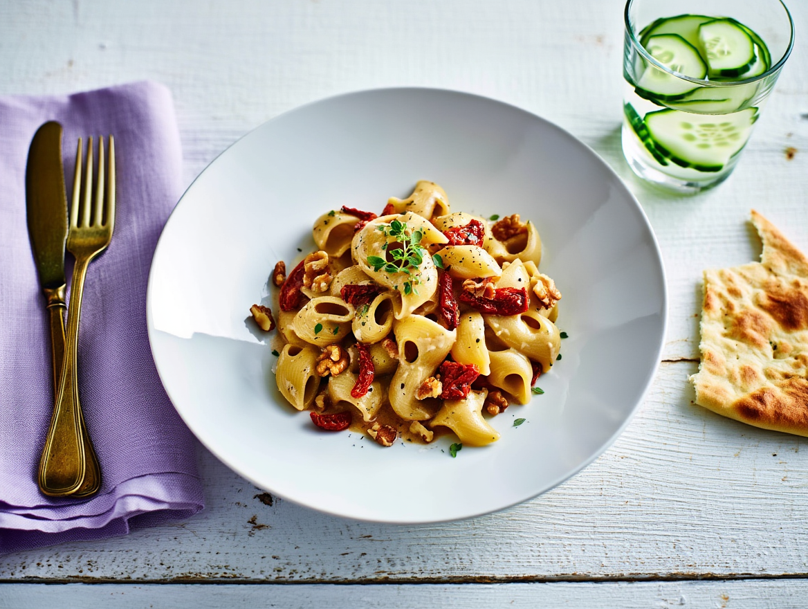 Pasta tiburón con tomate seco y nueces