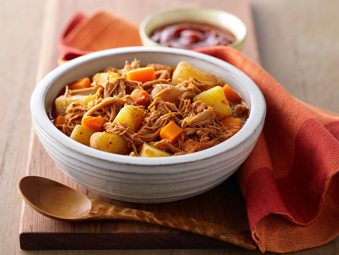 Patatas guisadas con pulled pork en Primer plato del menú para colectividades