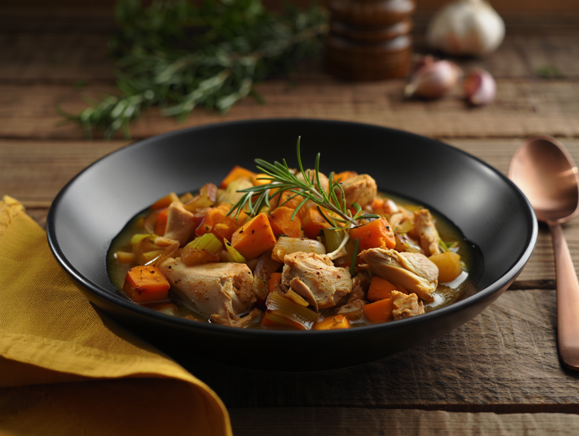 Ragú de pollo con boniato y puerros