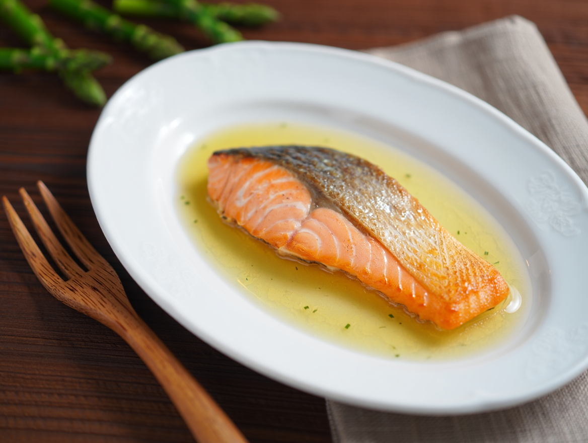 Salmón noruego con salsa menier y eneldo en Segundo plato del menú para colectividades