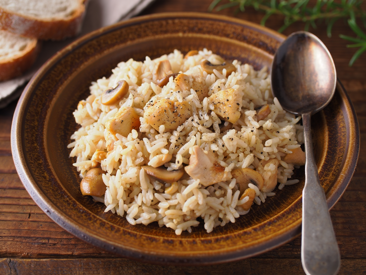 Arroz con pollo y setas en Primer plato del menú para colectividades