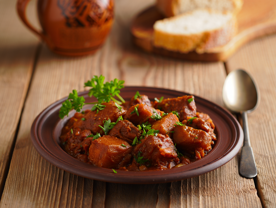 Cerdo guisado con salsa de verduras en Segundo plato del menú para colectividades