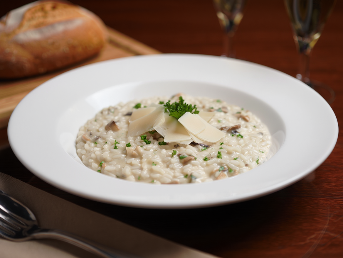 Risotto al gorgonzola y setas en Primer plato del menú para colectividades