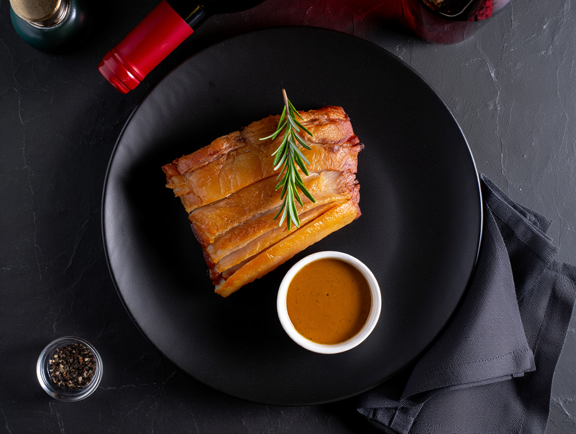 Secreto asado con salsa inglesa