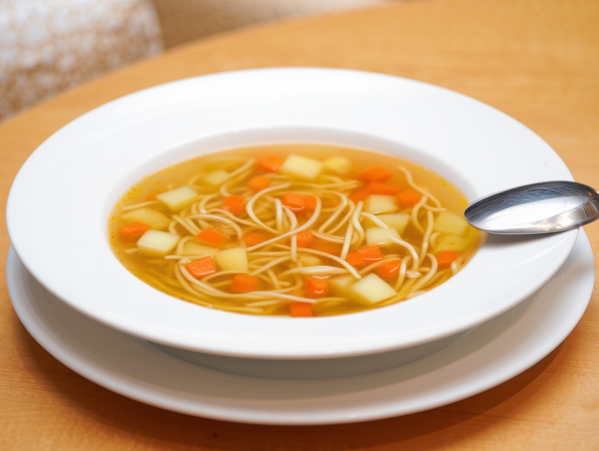 Sopa de pollo con fideos en Primer plato del menú para colectividades
