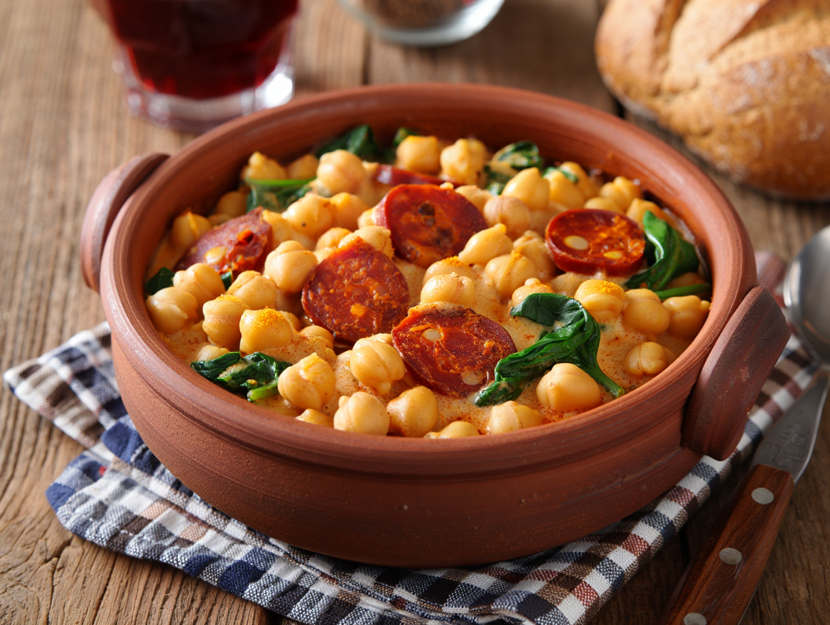 Potaje de garbanzos con espinacas y chorizo ibérico en Primer plato del menú para colectividades