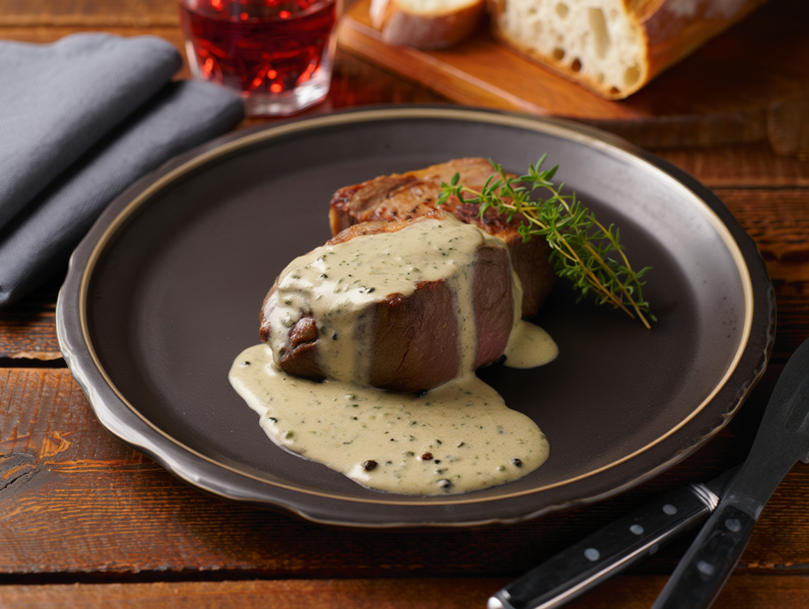 Secreto con salsa de pimienta negra en Segundo plato del menú para colectividades